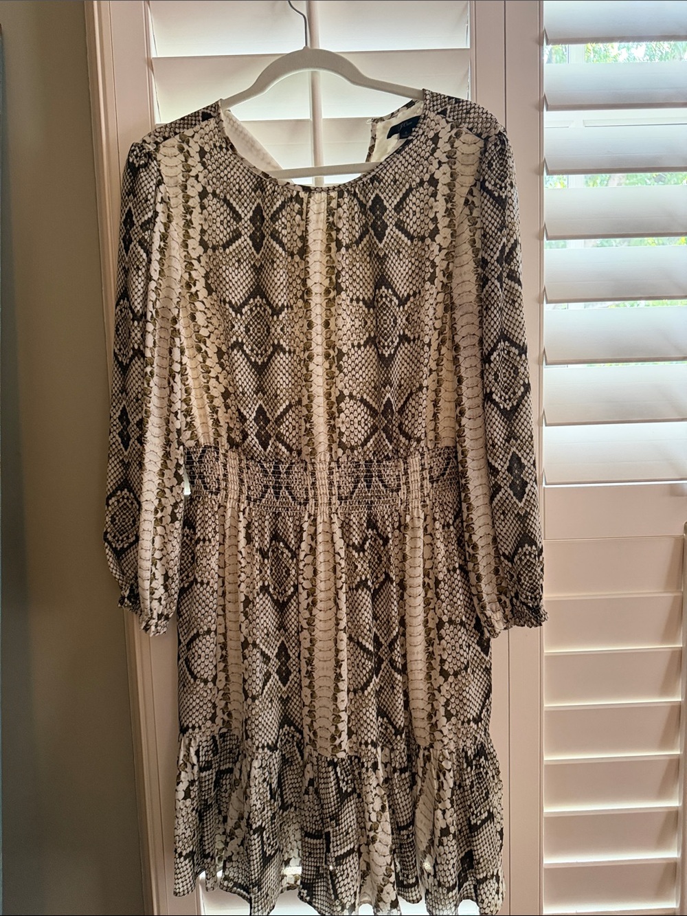 Snake Print Long Sleeve Tiered Dress in Cream and Black